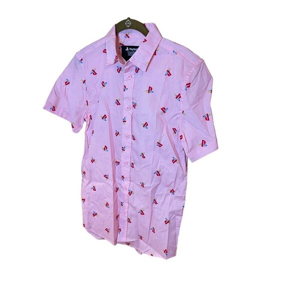 PlayStation Allover Logo Pink Button Down Collared Short Sleeved Blouse Sz S - Picture 4 of 9